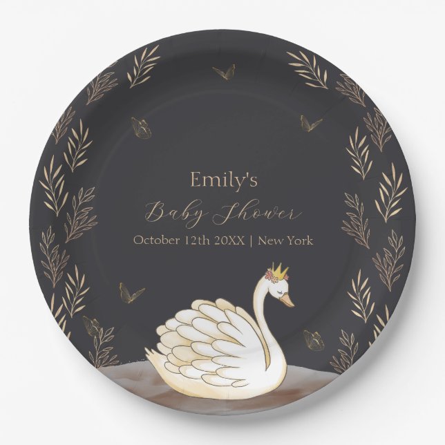 Black Gold Princess Swan Butterfly Baby Shower  Paper Plate (Front)