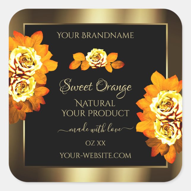 Black Gold Product Labels Blooming Orange Roses (Front)