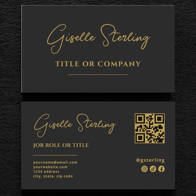 Black & Gold Professional Company Script QR Code Business Card (Creator Uploaded)