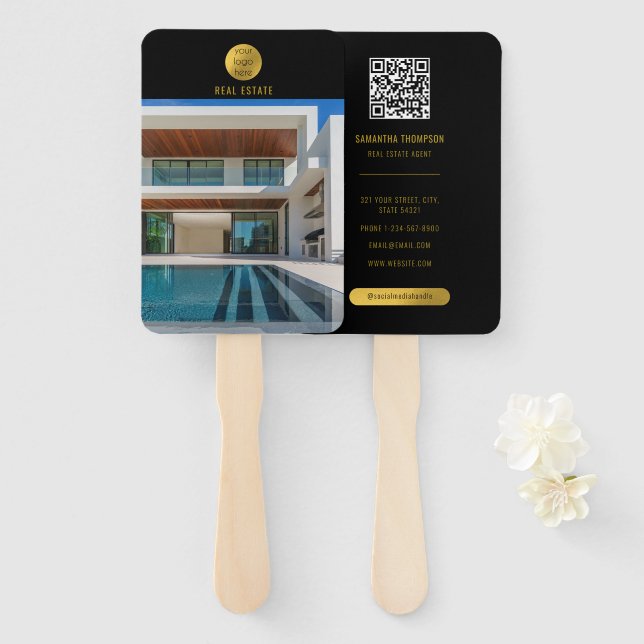 Black & Gold Professional Photo Real Estate Agent Hand Fan (Front and Back)