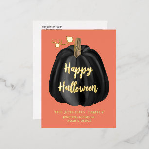Black Gold Pumpkin Happy Halloween Foil Holiday Postcard