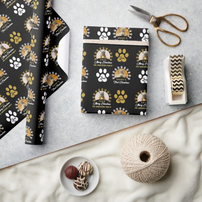 Black Gold Puppy Dog First Christmas 2 Photo Wrapping Paper (Crafts)