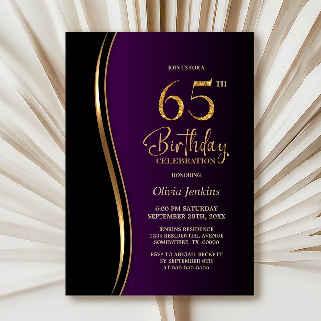 Black Gold Purple 65th Birthday Party Invitation (Creator Uploaded)