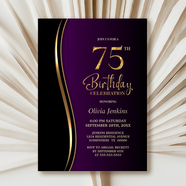 Black Gold Purple 75th Birthday Party Invitation (Creator Uploaded)