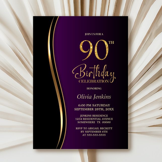 Black Gold Purple 90th Birthday Party Invitation (Creator Uploaded)