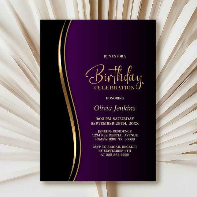 Black Gold Purple Birthday Party Invitation (Creator Uploaded)