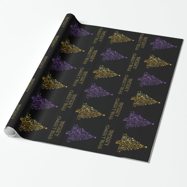 Black Gold Purple Elegant Chic Christmas Tree Star Wrapping Paper (Unrolled)