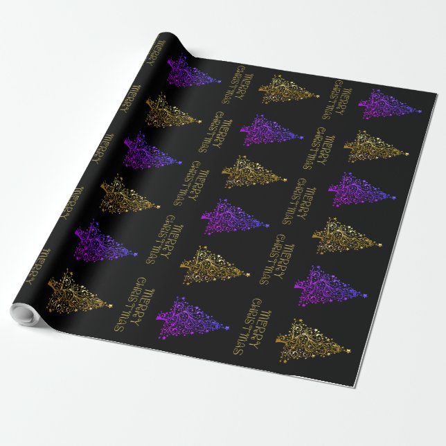 Black Gold Purple Elegant Christmas Tree Pattern Wrapping Paper (Unrolled)