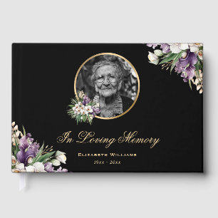 Black Gold Purple Floral Photo Funeral Memorial Guest Book