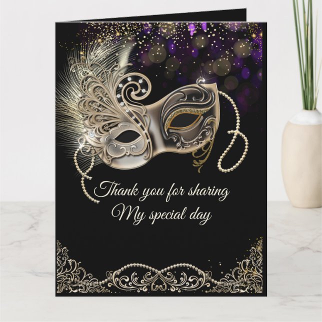 Black Gold  Purple Masquerade Party Thank You Card (Front)