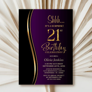 Black Gold Purple Surprise 21st Birthday Invitation