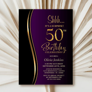 Black Gold Purple Surprise 50th Birthday Invitation