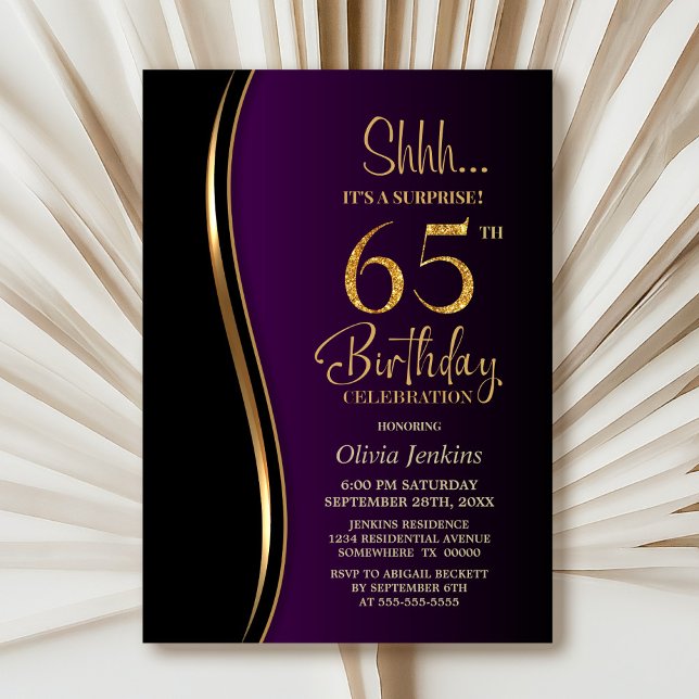 Black Gold Purple Surprise 65th Birthday Invitation (Creator Uploaded)