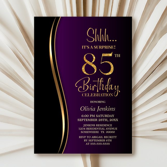 Black Gold Purple Surprise 85th Birthday Invitation (Creator Uploaded)