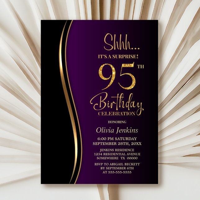 Black Gold Purple Surprise 95th Birthday Invitation (Creator Uploaded)