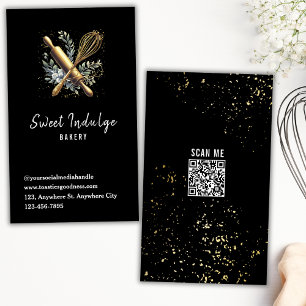 Black Gold QR Code Baking Utensil Bakery  Business Card