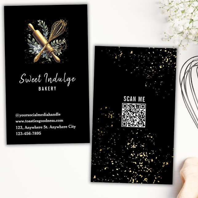 Black Gold QR Code Baking Utensil Bakery  Business Card (Creator Uploaded)