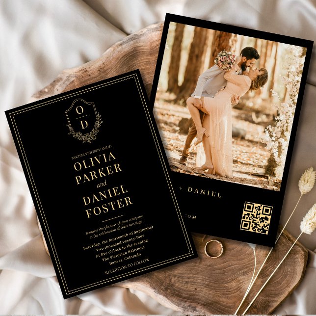 Black Gold QR Code Crest Photo Wedding Invitation (Creator Uploaded)