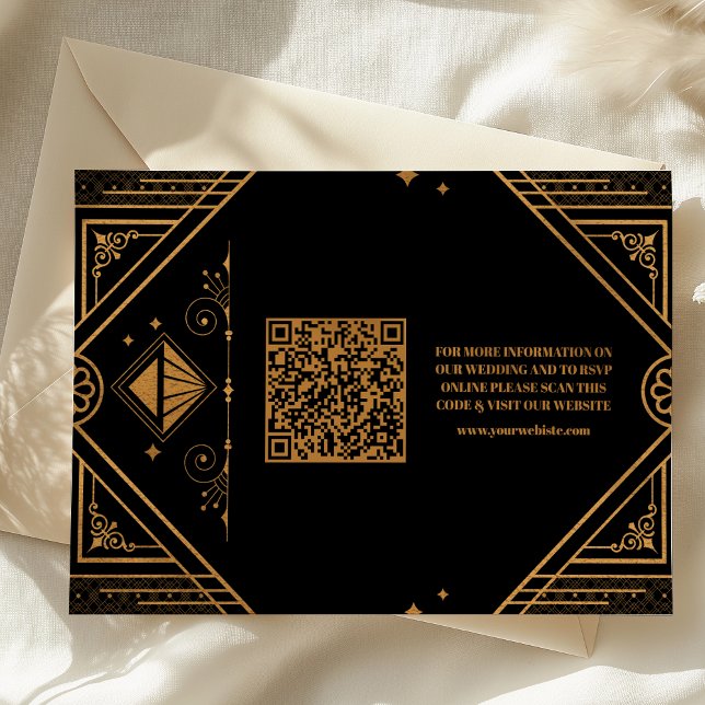 Black Gold QR Code Geometric Art Deco Wedding  Enclosure Card (Creator Uploaded)