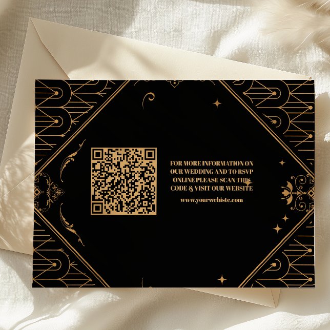 Black Gold QR Code Geometric Art Deco Wedding  Enclosure Card (Creator Uploaded)