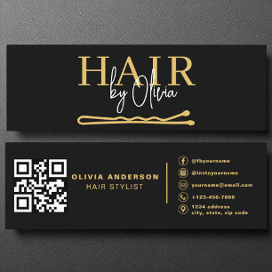 Black Gold QR Code Hair Stylist Black  Mini Business Card