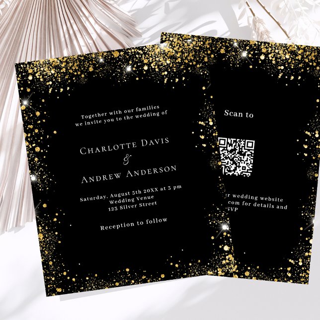 Black gold QR code RSVP budget wedding invitation (Creator Uploaded)