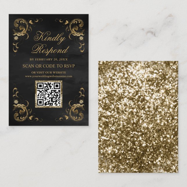 Black Gold QR Code RSVP Wedding Website Enclosure Card (Front/Back)