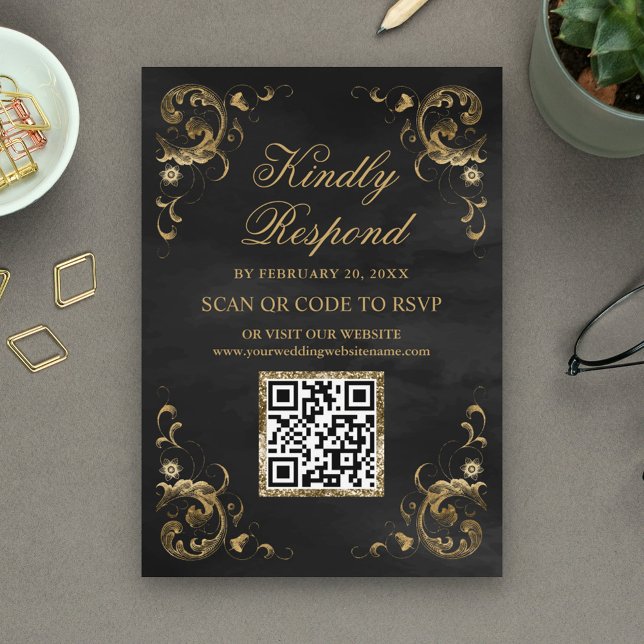 Black Gold QR Code RSVP Wedding Website Enclosure Card (Creator Uploaded)