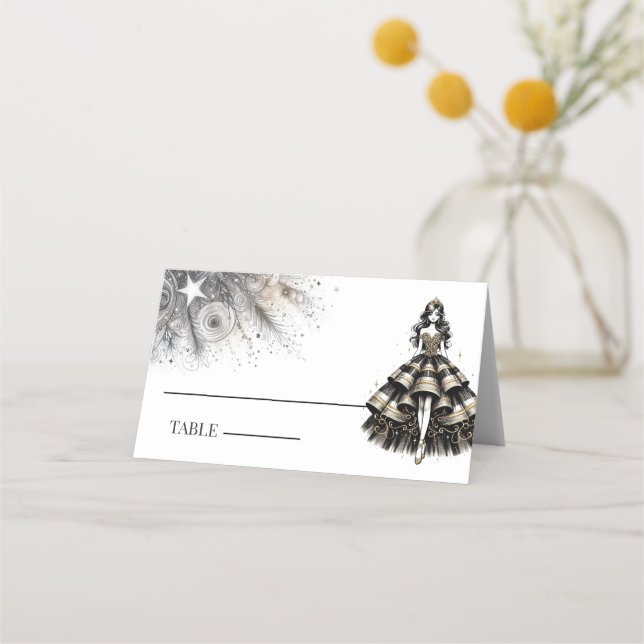 Black & Gold Quinceañera Girl Place Card (Front)