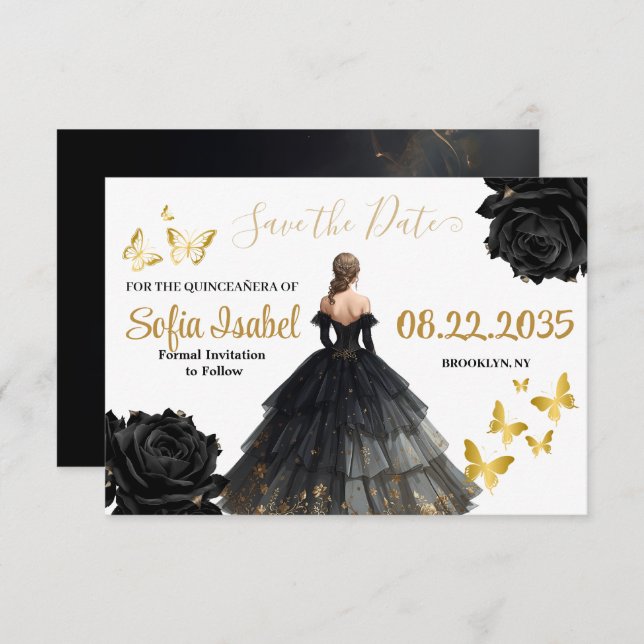 Black & Gold Quinceañera Save the Date Card (Front/Back)