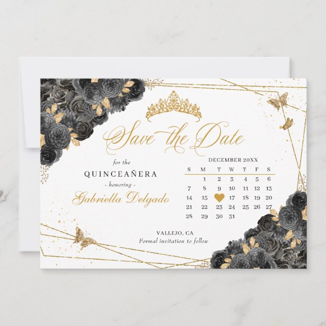 Black & Gold Quinceañera Save The Date Invitation (Front)