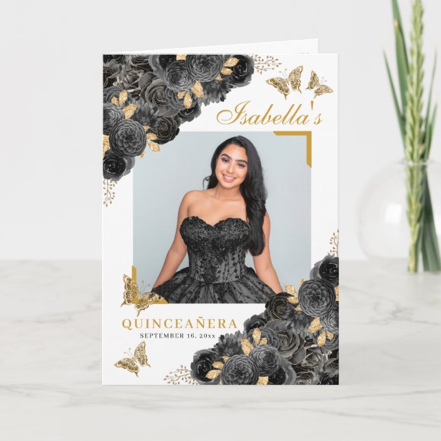 Black & Gold Quinceanera Tiara Butterflies Program Programme (Front)