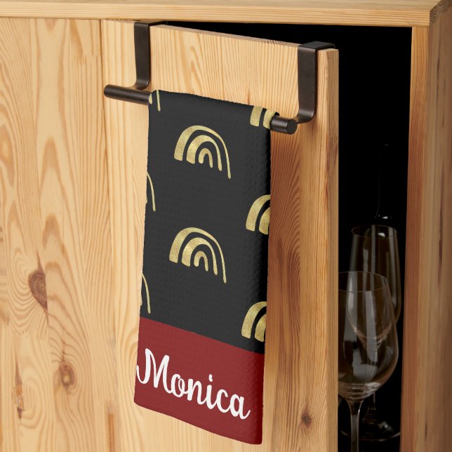 Black & Gold rainbow custom name Tea Towel (Thirds Fold)