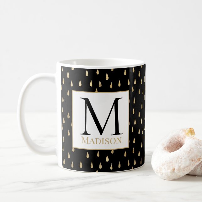 Black Gold Raindrop Modern Trendy Monogram Coffee Mug (With Donut)