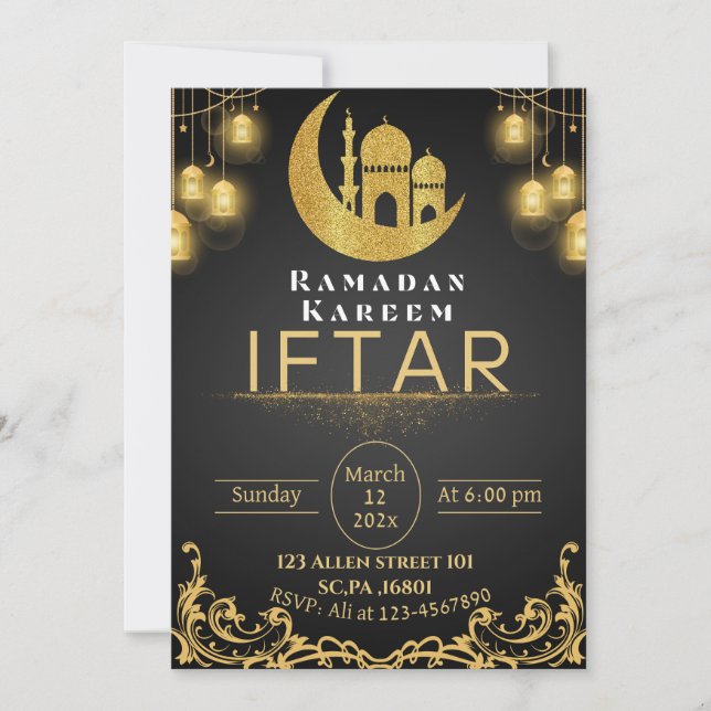 Black & Gold Ramadan Iftar Party  Invitation (Front)