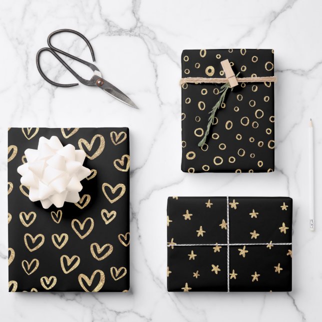 Black Gold Random Patterns Hearts Stars Circles Wrapping Paper Sheet (Front)