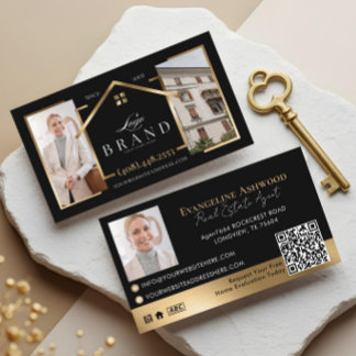Black Gold Real Estate Agent Photo Logo QR Code Business Card