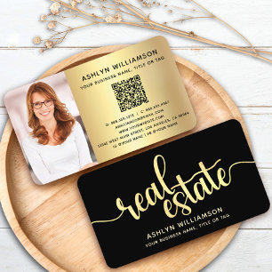 Black Gold Real Estate Agent QR Code Photo Broker Business Card