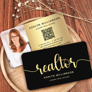 Black Gold Realtor Photo QR Code Broker Agent Bold Business Card