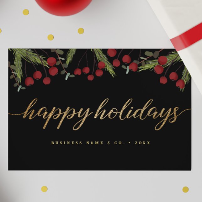 Black & Gold Red berries Happy Holidays Logo Holiday Card (Business Happy Holidays script gold, green, red berries thank you card.)