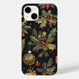 Black Gold Red Christmas Holly Pattern Case-Mate iPhone 14 Case