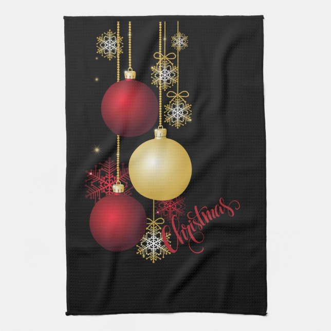 Black, Gold & Red Christmas Party Tea Towel (Vertical)