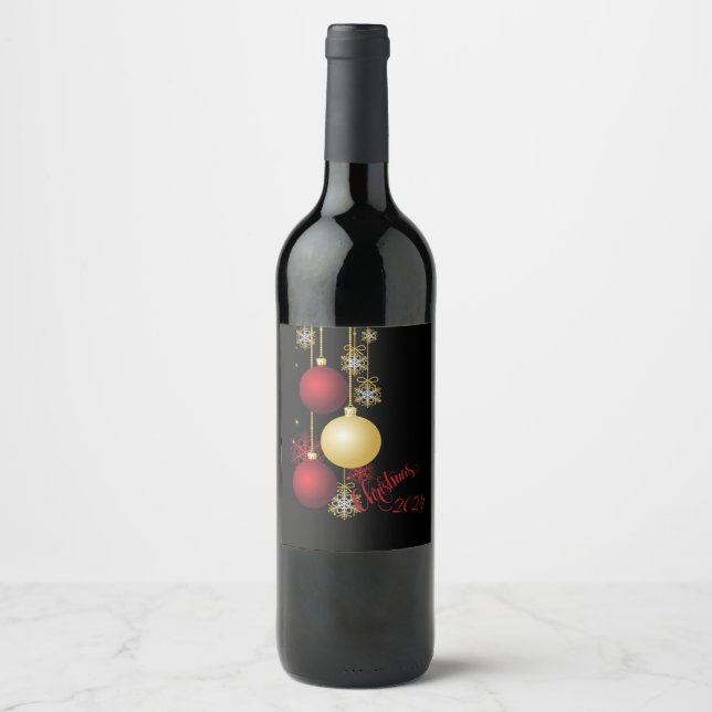 Black, Gold & Red Christmas Party Wine Label (Front)