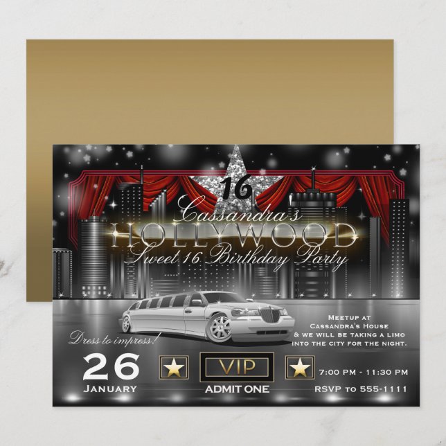 Black Gold Red City Lights Limo Hollywood Party Invitation (Front/Back)