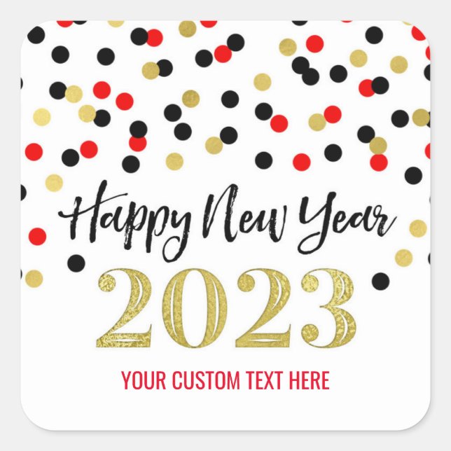 Black Gold Red Confetti Happy New Year 2023 Square Sticker (Front)