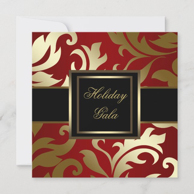 Black Gold Red Damask Holiday Party Invitations (Front)