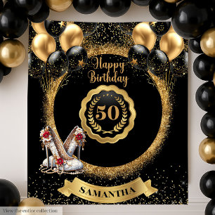 Black Gold Red Glitter 50th Birthday Party Sign Tapestry