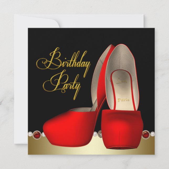 Black Gold Red High Heel Shoes Birthday Party Invitation (Front)