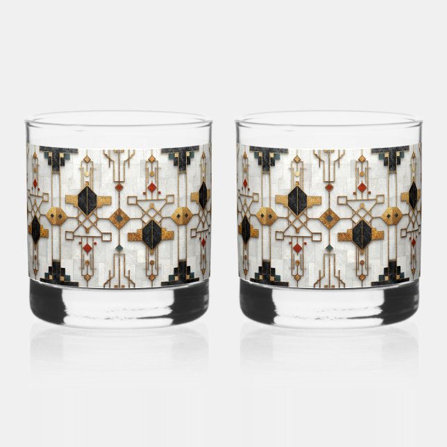 Black Gold Red Modern Geometric Pattern Whiskey Glass (Front)