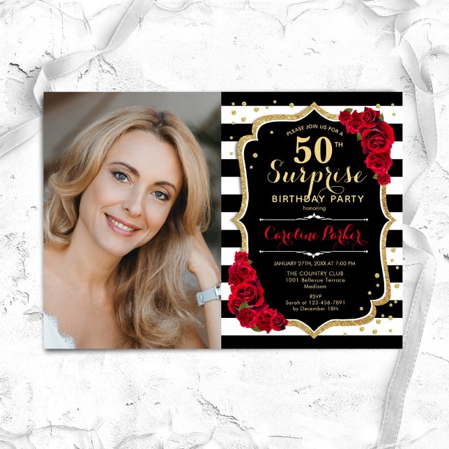 Black Gold Red Photo Surprise 50th Birthday Invitation (Creator Uploaded)